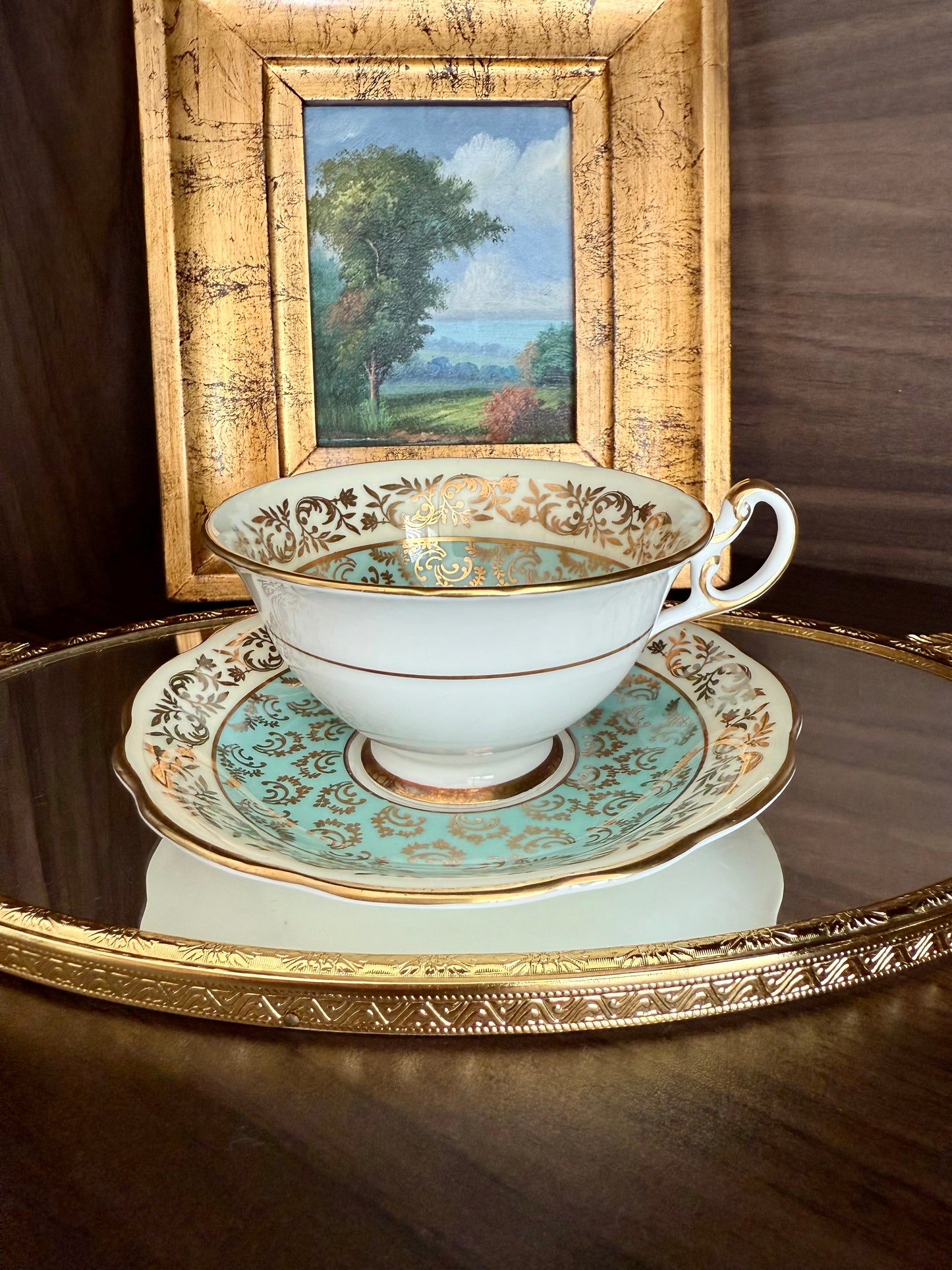 1950s Paragon Fine Bone China Vintage Aqua Green, Gold and Floral Porcelain Tea Cup and Saucer Set, Made in England