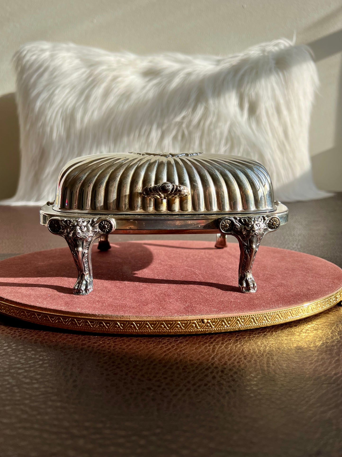 Antique F.B Rogers Silver-Plated Lion Head and Footed Butter Dish Victorian Covered Roll Top - Glass Insert