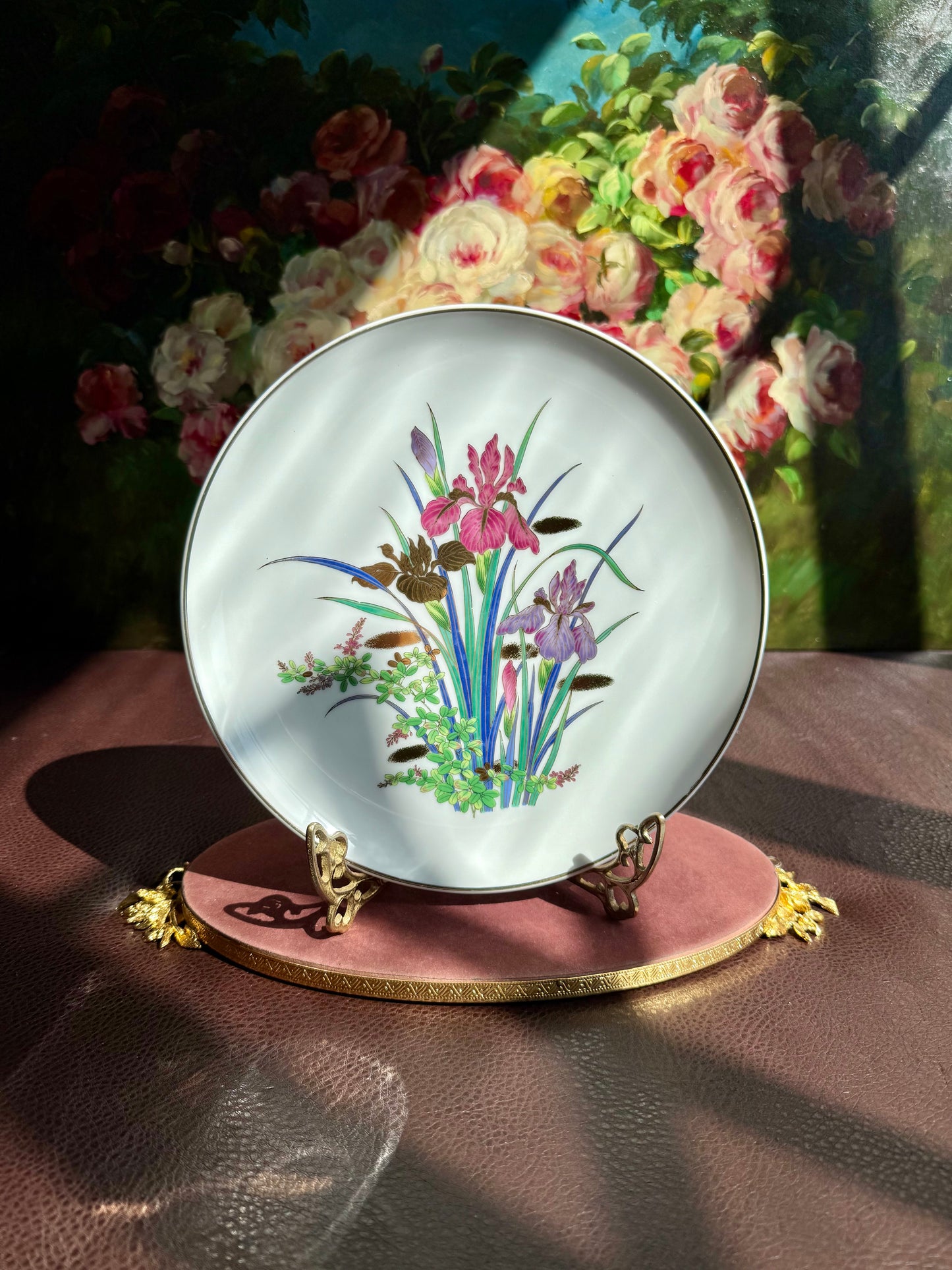 Iris Flower Design Hand-Painted and Gold Trim Vintage White Porcelain Plate - Made in Japan