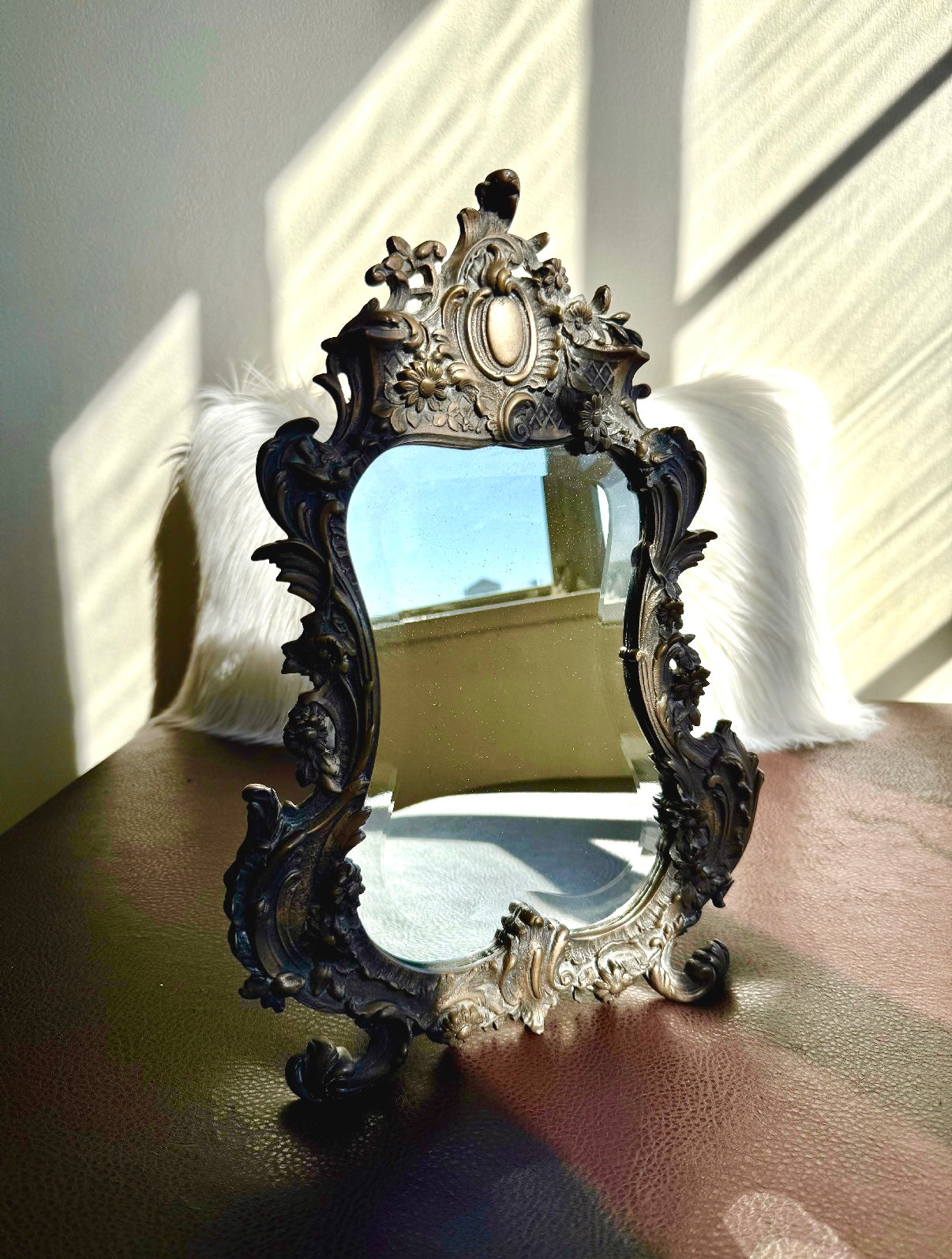 Antique Bronze Rococo Style French Big Table and Makeup Mirror from the 19th or Early 20th Century