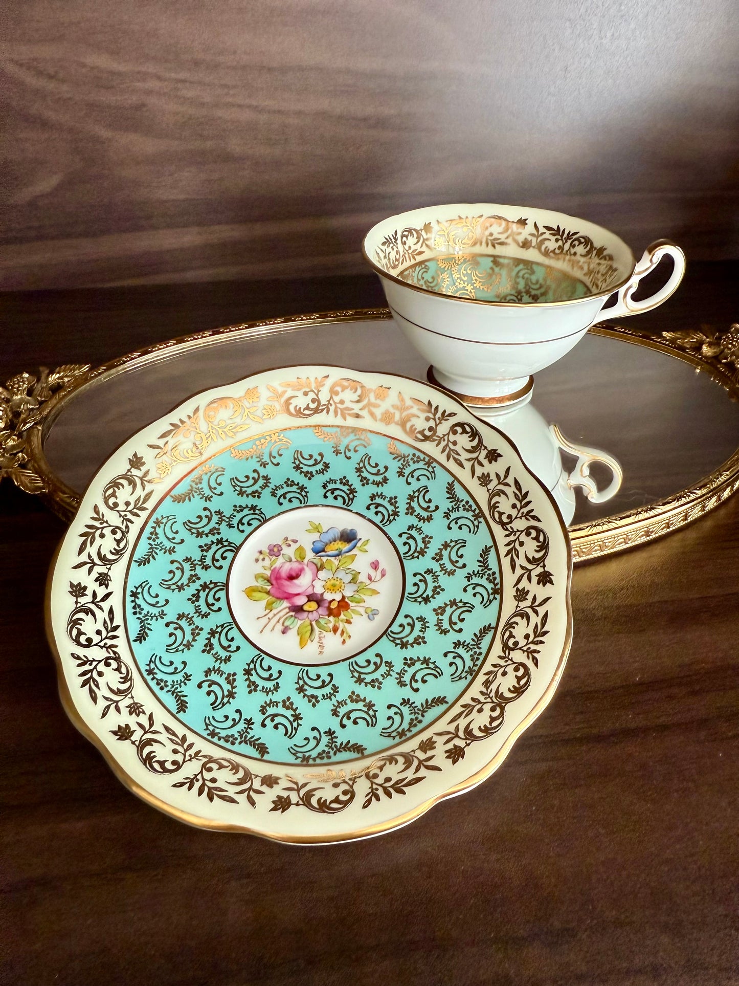 1950s Paragon Fine Bone China Vintage Aqua Green, Gold and Floral Porcelain Tea Cup and Saucer Set, Made in England