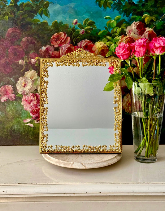 Antique/ Vintage French Victorian Style Gold-gilded Brass Framed Wall or Table Mirror with Flowers Decoration on the Frame