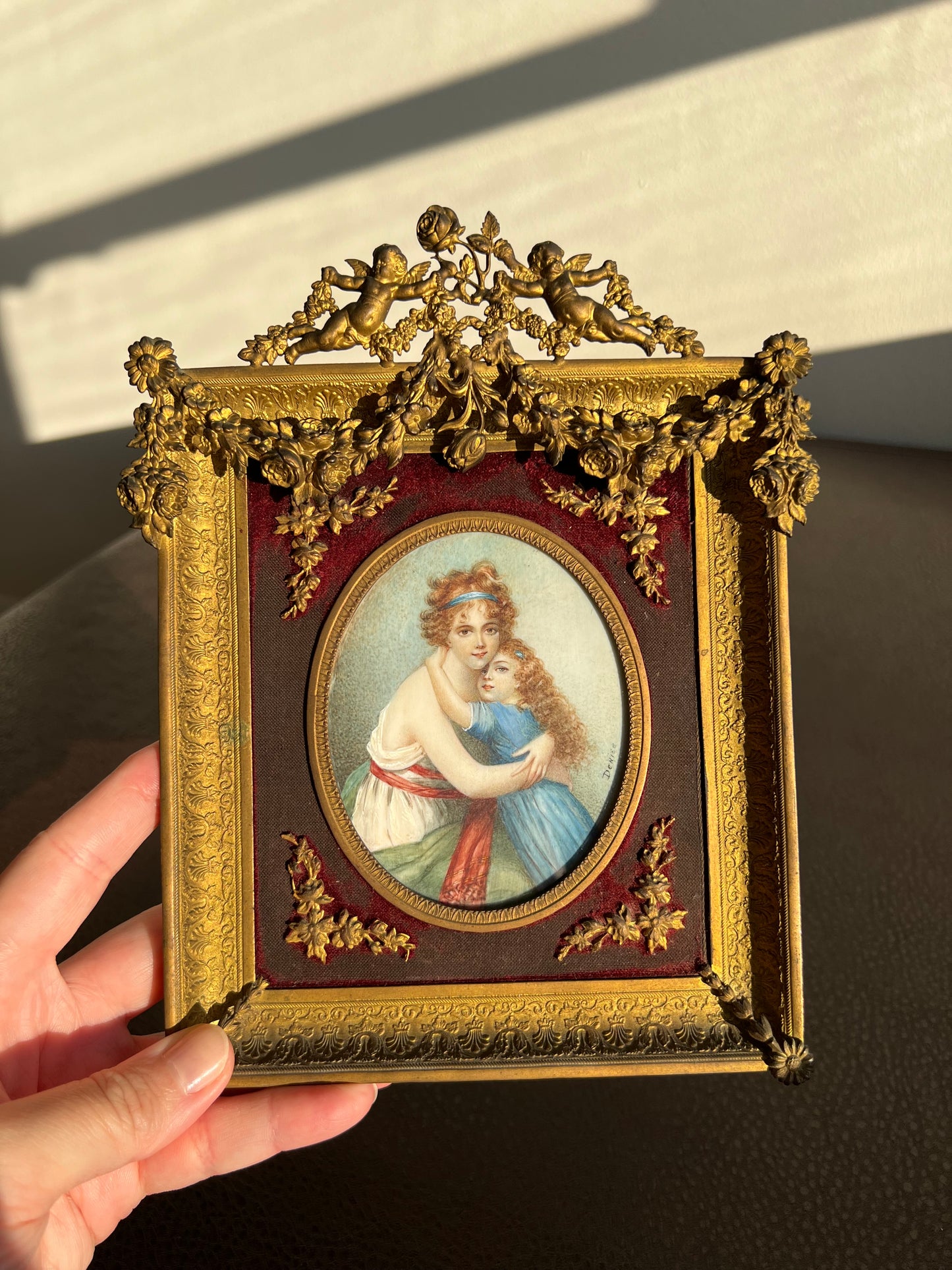 Antique French Mother and Daughter Miniature Portrait Signed Painting, Bronze Framed circa Late 19th Century