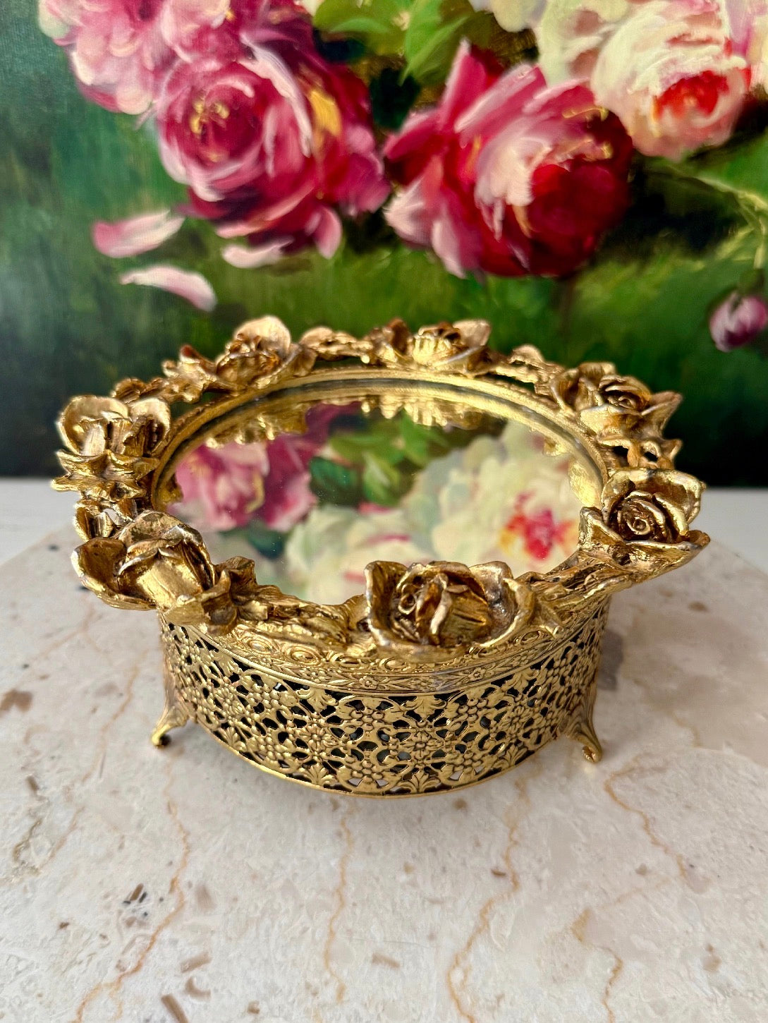 1960s Hollywood Regency Vintage 24K Gold-plated Ormolu Filigree with Mirrored Glass and Rose Motifs Trinket Box or Powder Jar