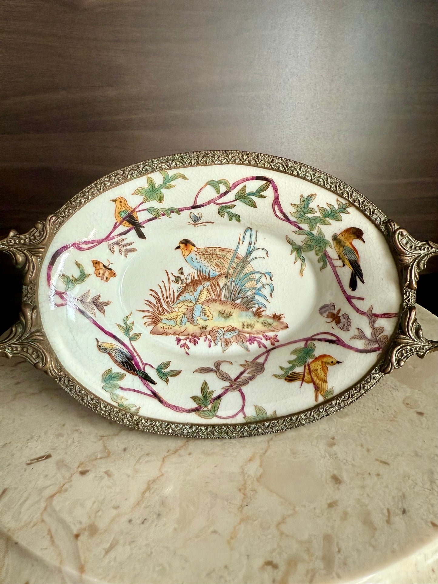 Beautiful Vintage Oval Soap Dish with Brass Feet and Handles with Floral and Bird Motif