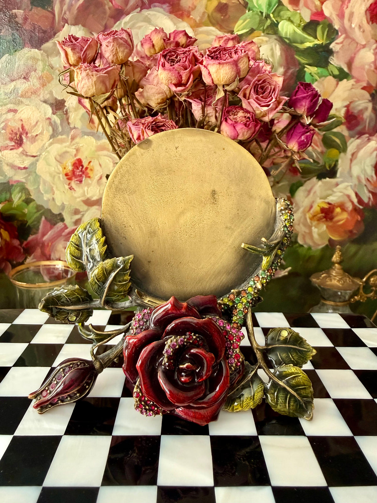 Jay Strongwater Red Rose Enamel Vintage Picture Round Frame with Sparkling Swarovski Crystals - Jewels for Home Rose