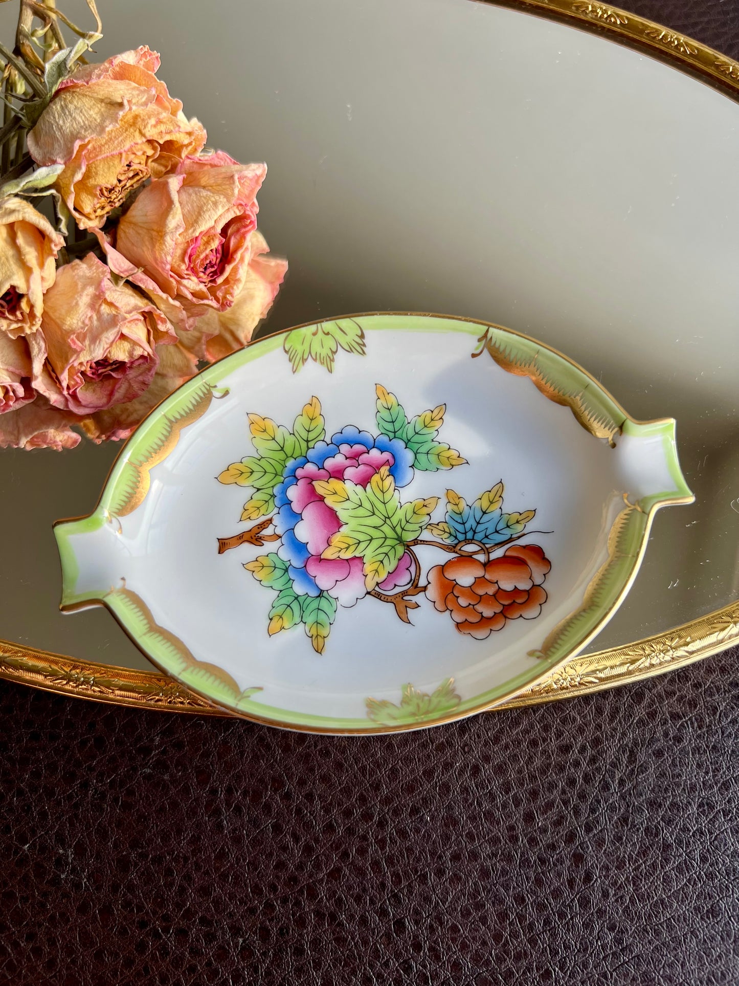 Antique Herend Queen Victoria (VBO) Vintage Handmade Small Porcelain Ashtray, Made in Hungary