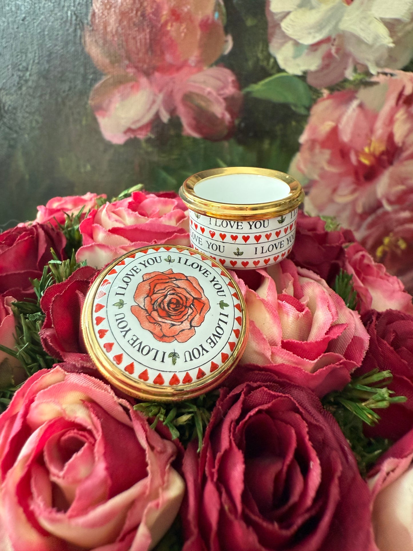 Halcyon Days Mini Enamels “I Love You” Rose Flower Hearts Leaves Trinket or Jewelry/ Pill box