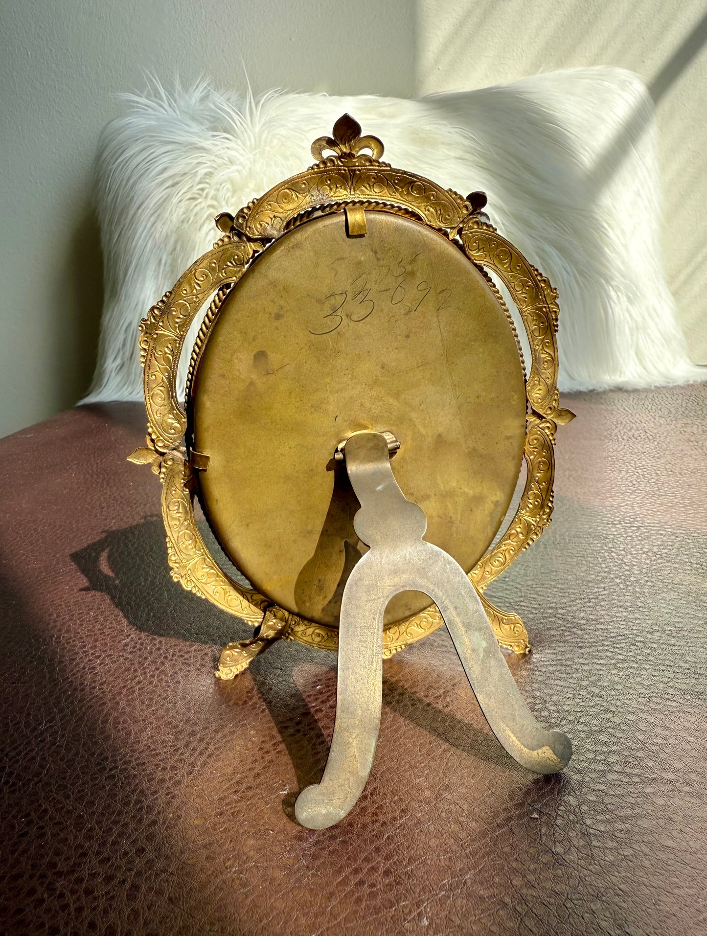 Antique French Style Colorful Enamel Bronze Photo Frame with Black and White Picture of a Gentleman from 19th Century