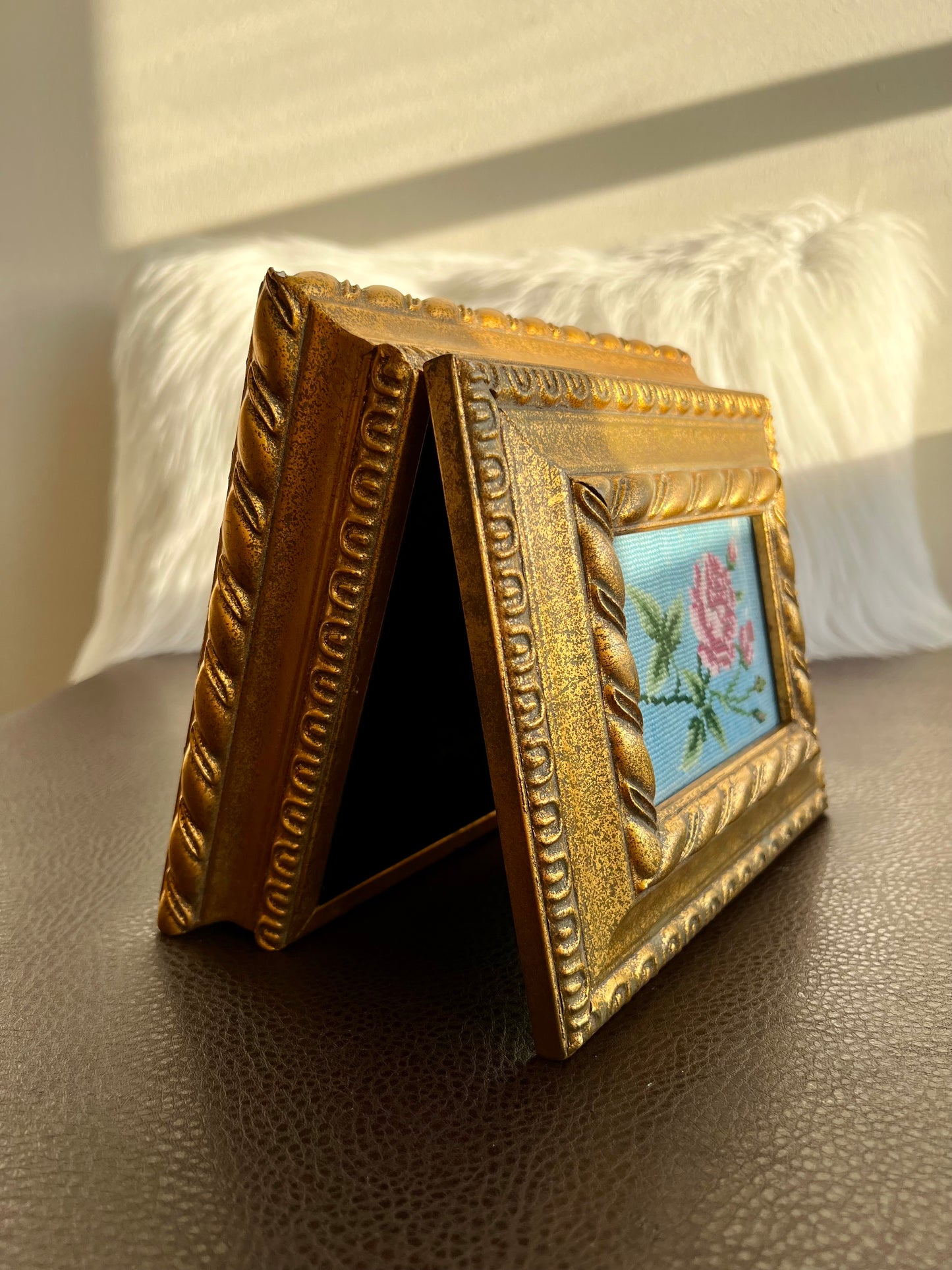 Florentine Style Vintage Gilded Wooden Jewelry Box with Tapestry Flower Decoration on Top Lid, Black Plush Lining Inside