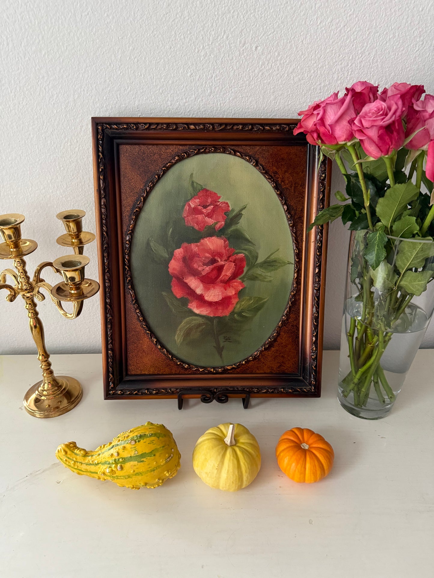 Vintage Oil Painting Red Roses on Canvas in Wooden Frame Signed by the Artist