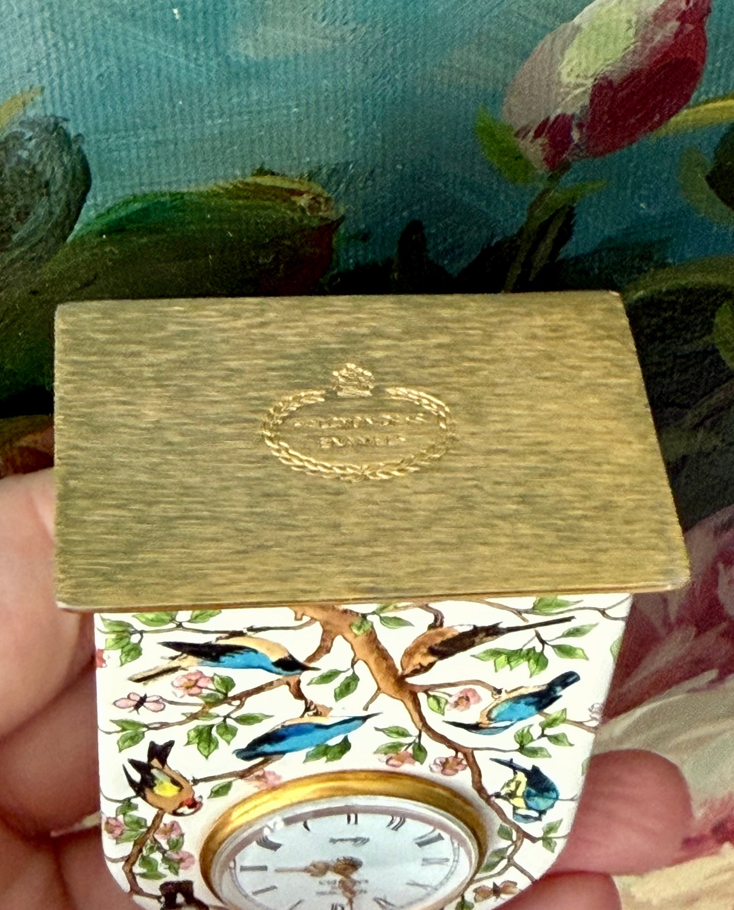 Halcyon Days Vintage Enamel Table Clock with Hand-painted Birds and Flowers Design
