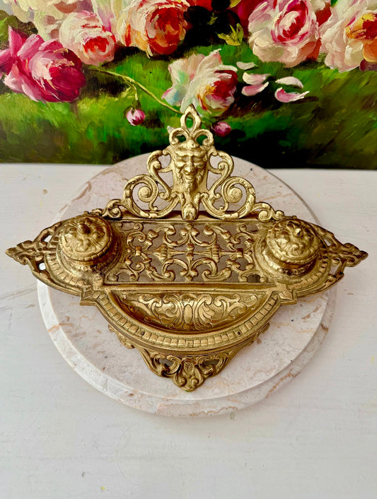 Andrea by Sadek Vintage Large Ornate Double Brass Inkwell, Made in Japan