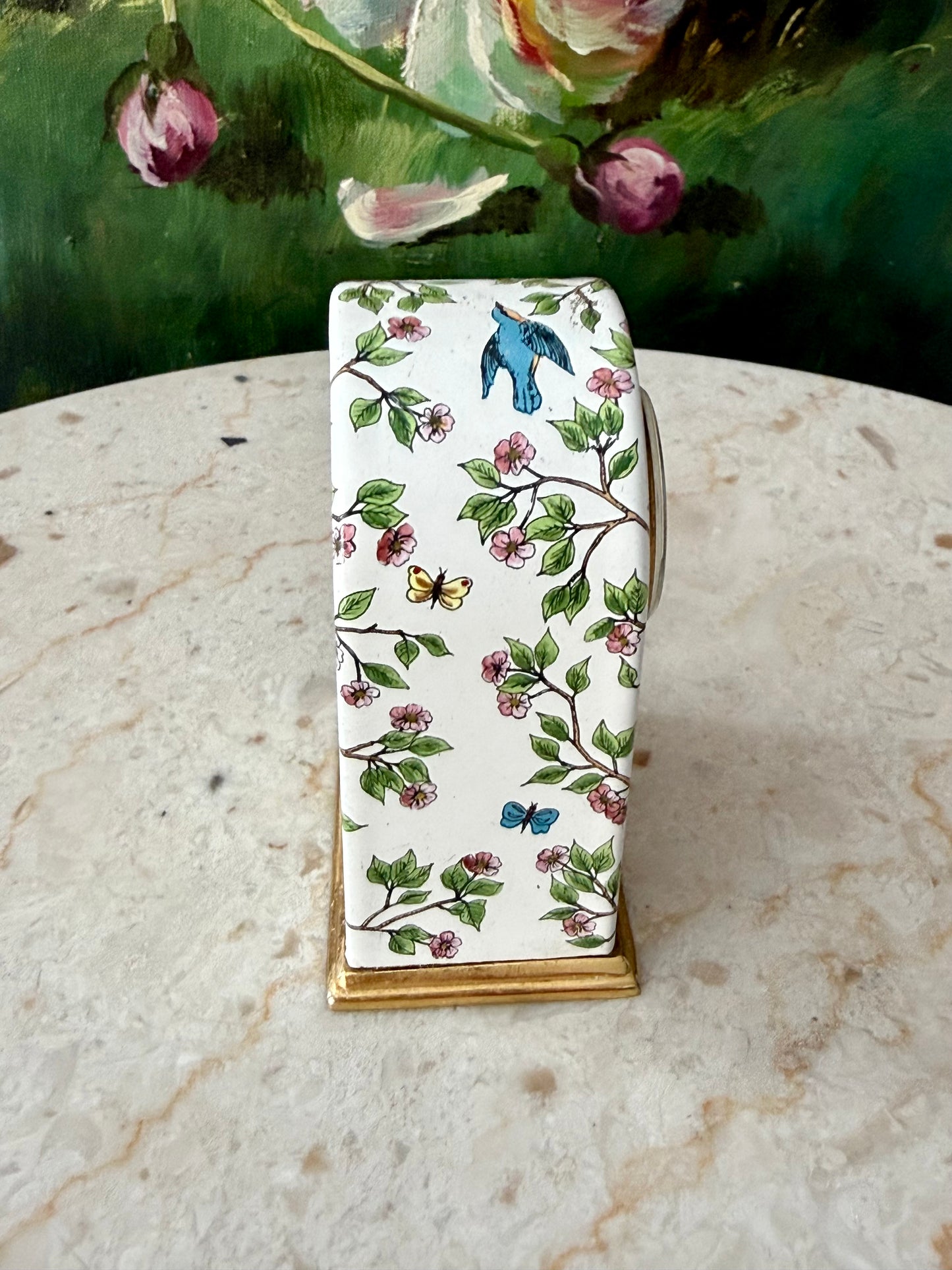 Halcyon Days Vintage Enamel Table Clock with Hand-painted Birds and Flowers Design