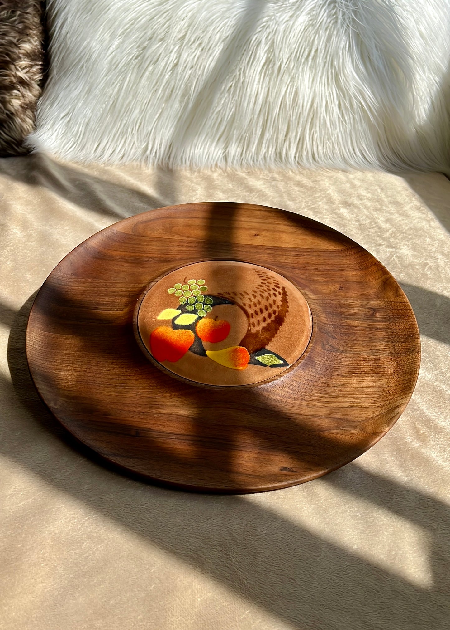 Walnut Vintage MCM Cheese Board/ Enamel Serving Tray, Design by Ernest John