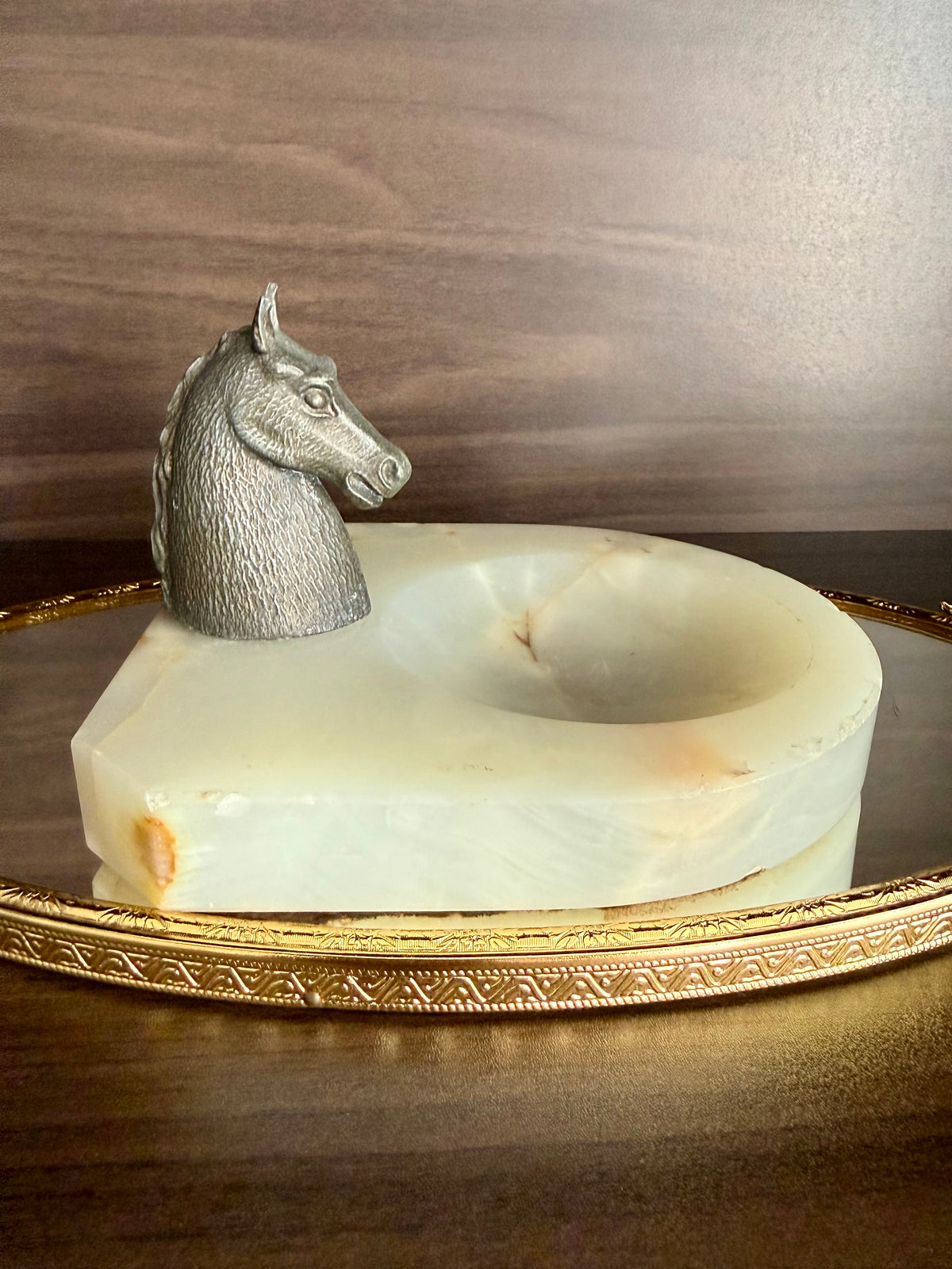 Antique Art Deco Style Bronze Horse Head Statue on Marbel or Green Onyx Ashtray