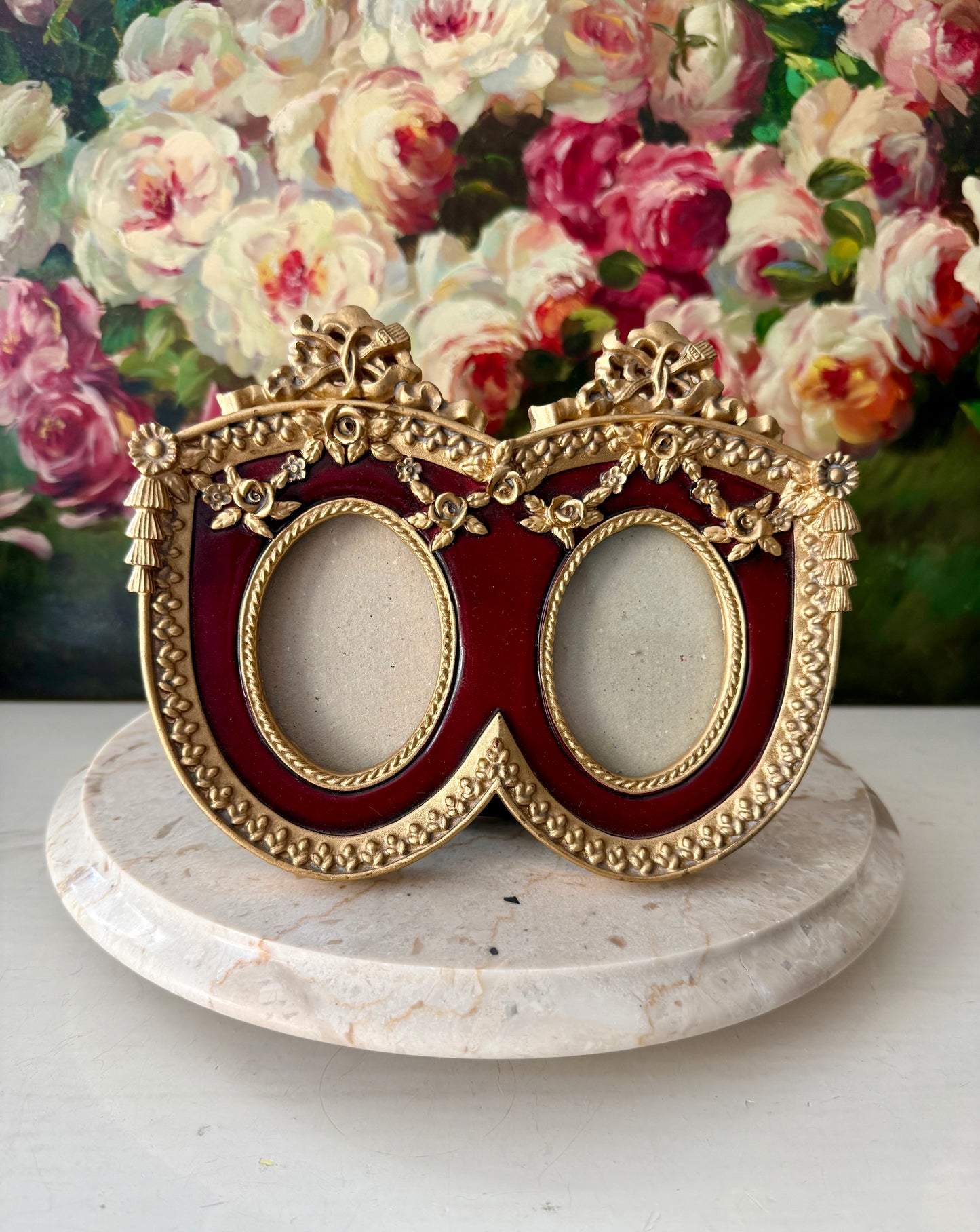 French Baroque Style Vintage Gold And Burgundy Oval Double Photo Frame (NOT Brass)