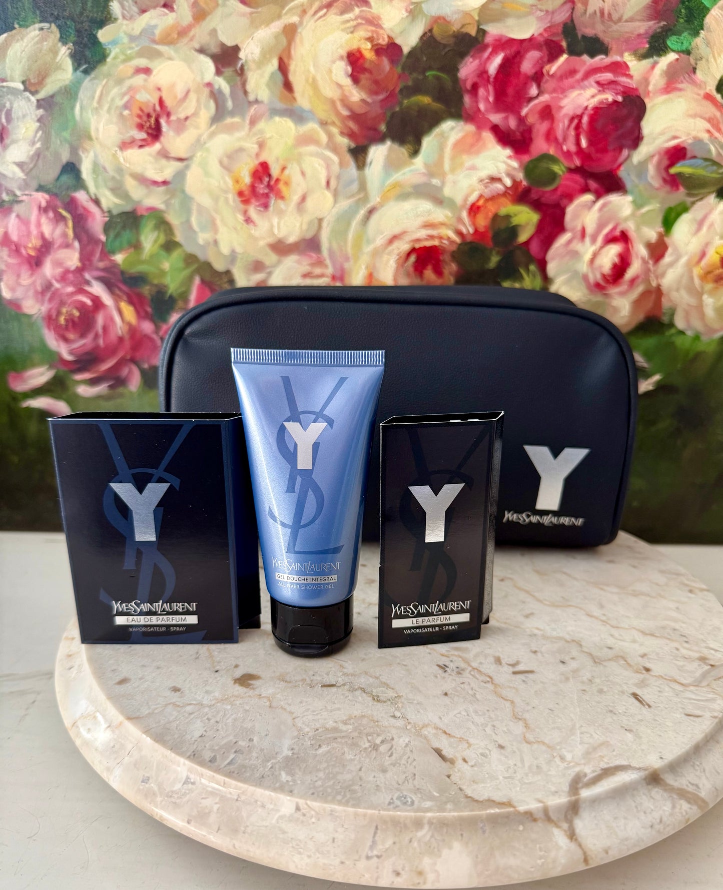 YSL, Yves Saint Laurent Y Eau de Parfum Gift Set, with Two Perfume Samples, a Shower gel, and Matching Pouch