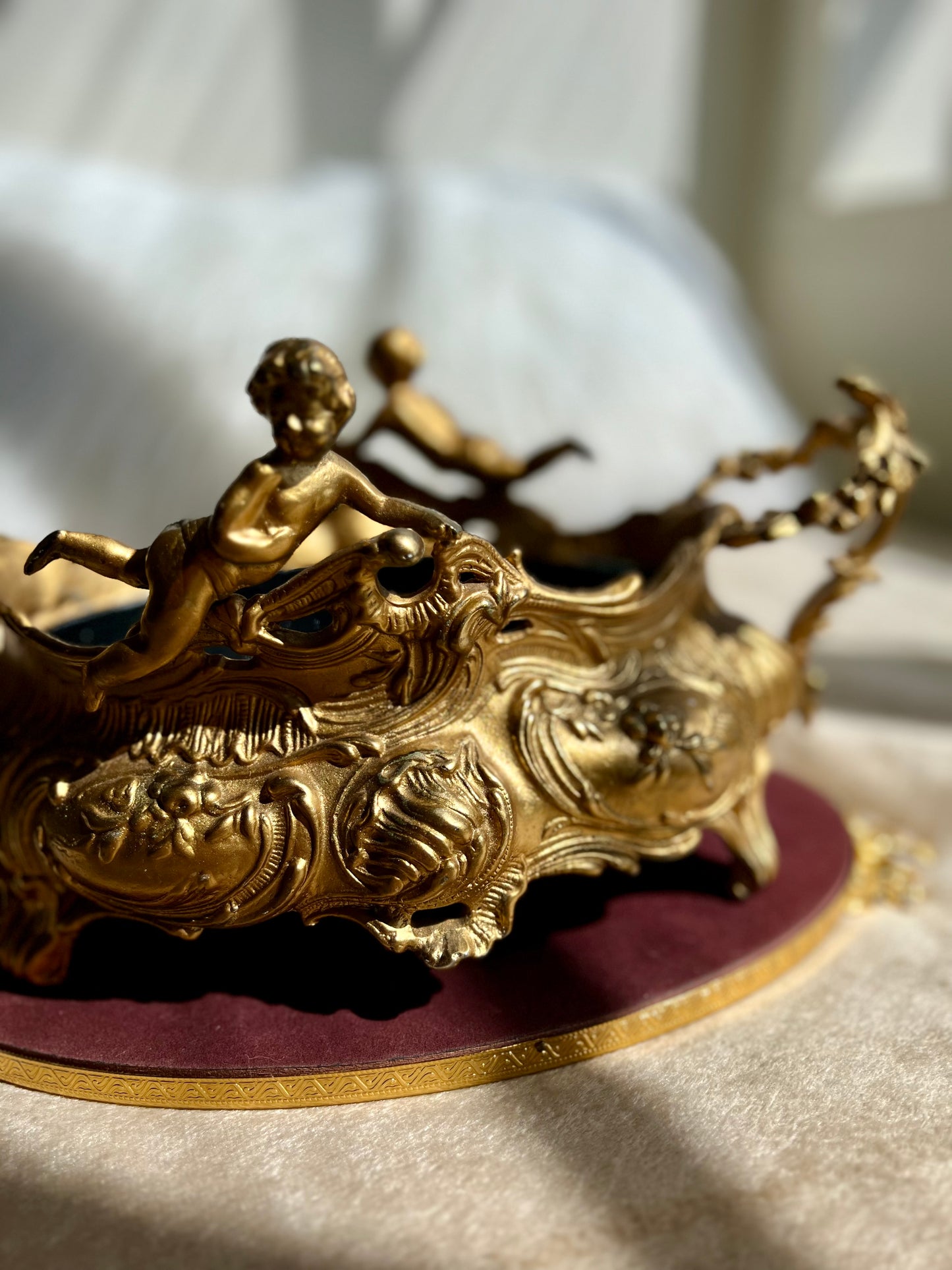 French Art Nouveau Vintage Brass Jardiniere Planter With Two Cherubs