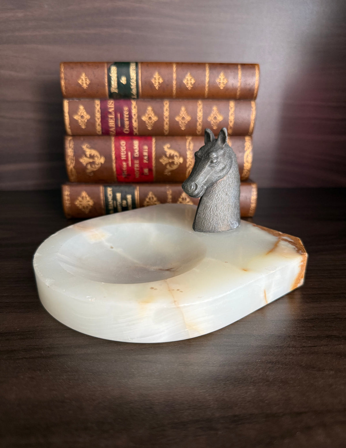 Antique Art Deco Style Bronze Horse Head Statue on Marbel or Green Onyx Ashtray