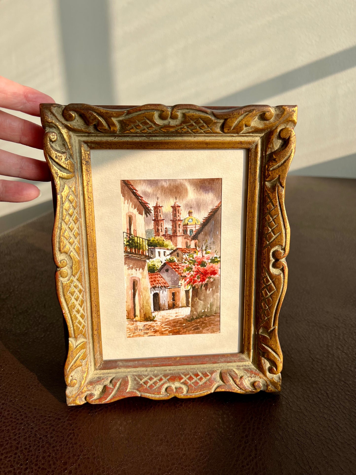 Watercolor Original Art Signed Vintage Painting with Gilded Wooden Frame