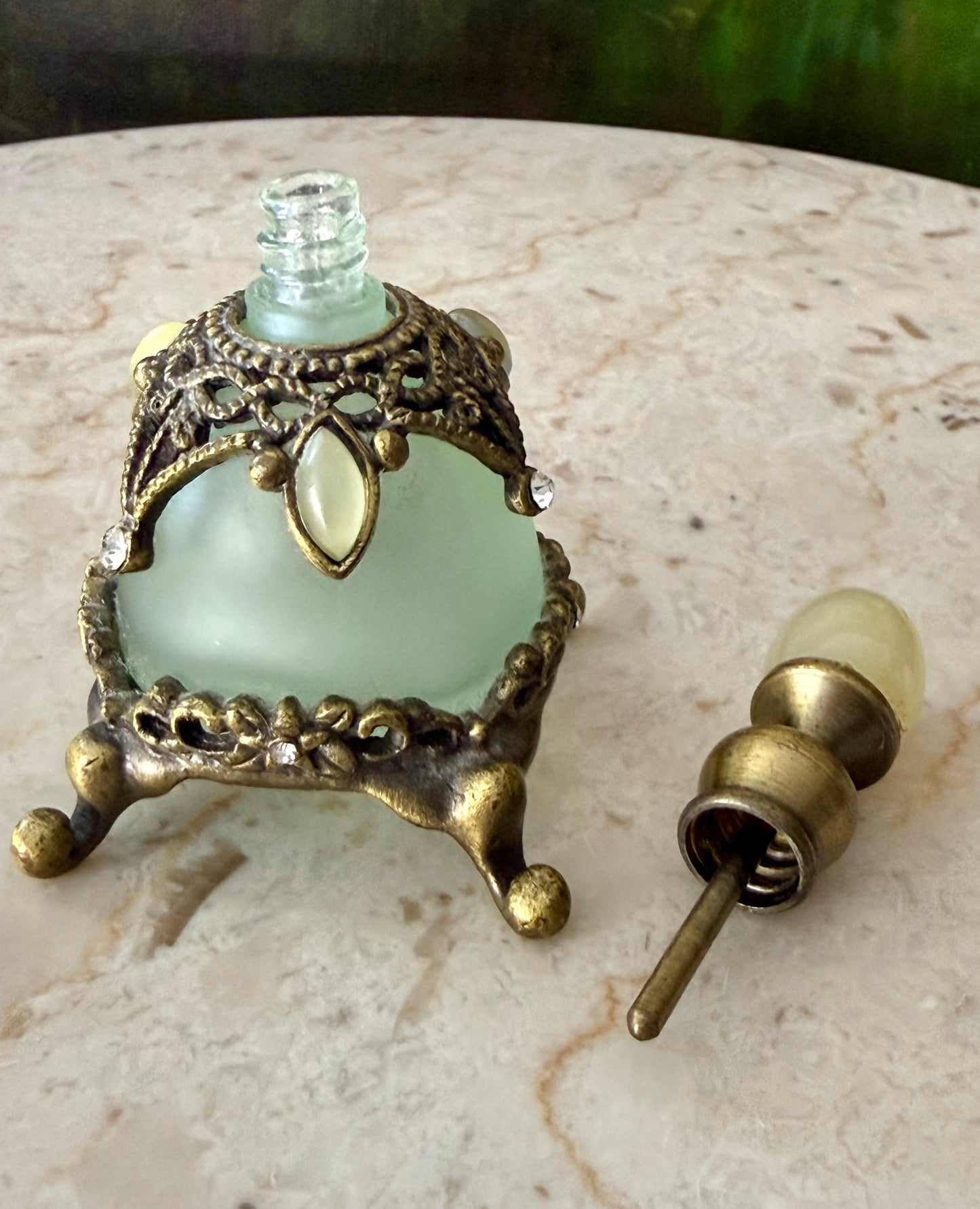 Vintage Frosted Green Glass Perfume Bottle Decorated with Rhinestones and Gemstones - Empty