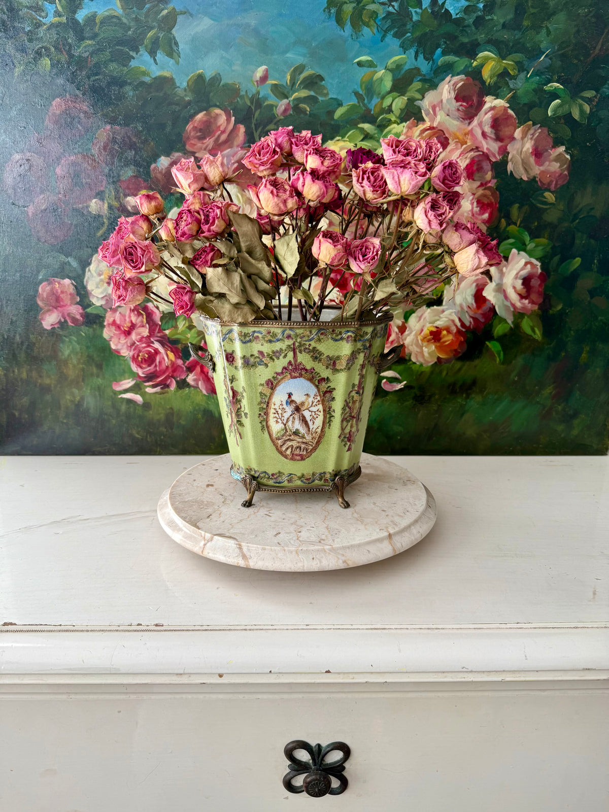 Antique Green Pheasant Bird and Floral Garland Porcelain Brass Footed Cache Pot or Jardiniere