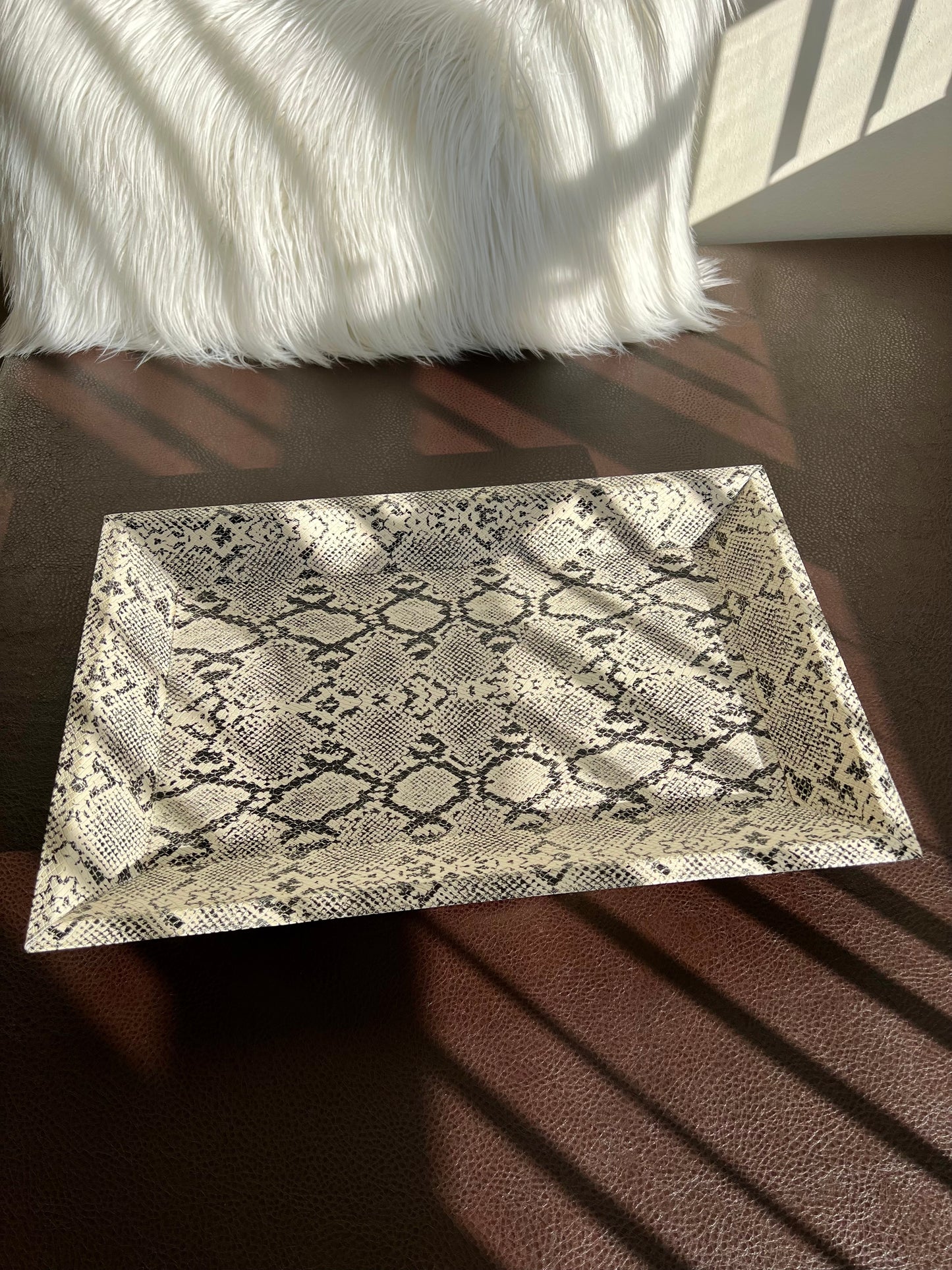 Gray and White Faux Python Leather Material Vintage Table Tray