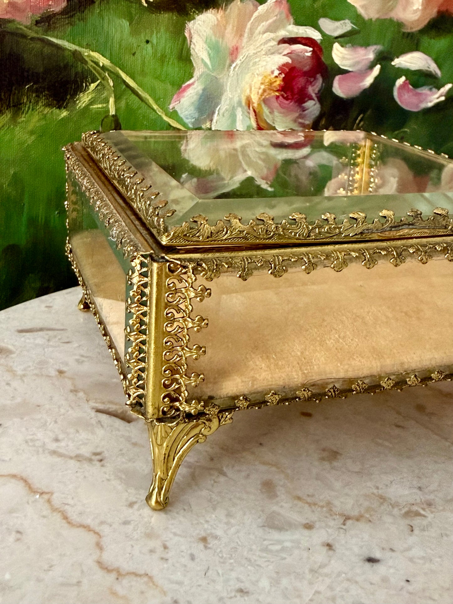 French Style Beveled Glass Vintage Brass Footed Jewelry Casket or Trinket Box from the 1950s