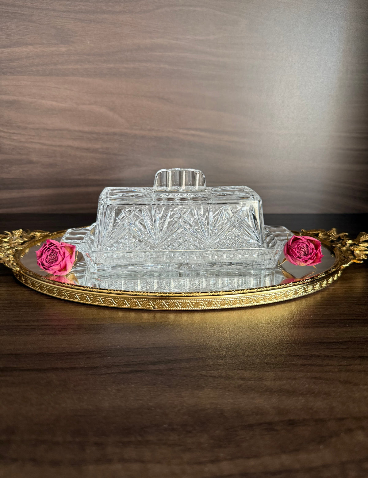 Vintage Cut Crystal Glass Butter Dish with a "Cherrywood Clear" Style Pattern