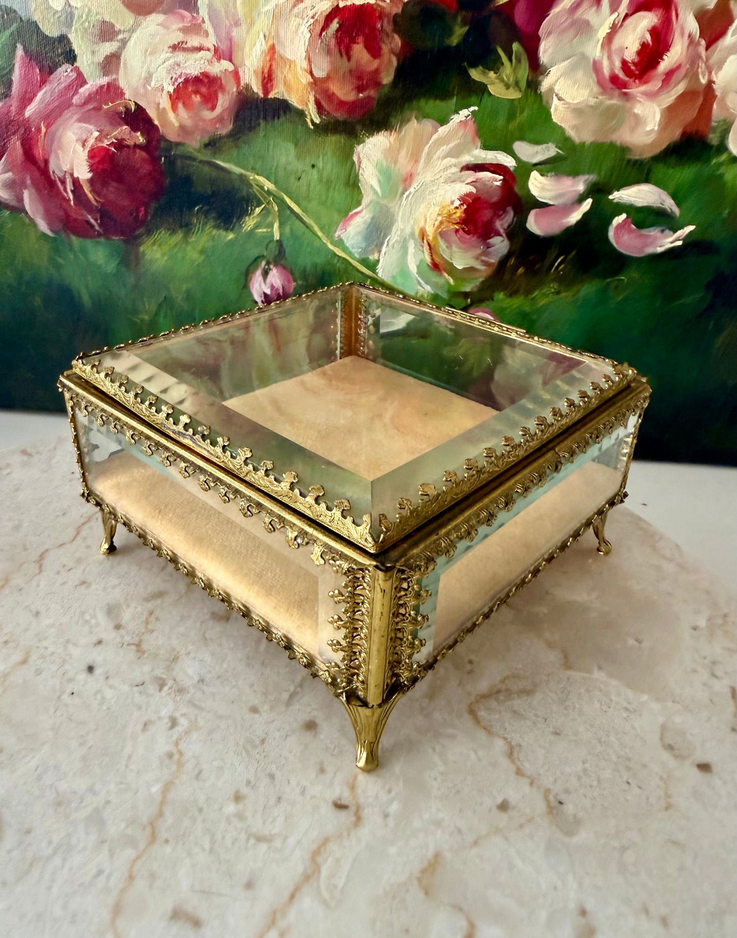 French Style Beveled Glass Vintage Brass Footed Jewelry Casket or Trinket Box from the 1950s