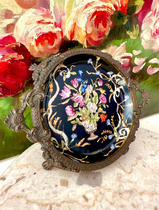 Antique Porcelain Chinese Hua Rong Tang Zhi Bronze Footed, Enameled Hand-Painted Flowers Trinket or Soap Dish, Ornate Tray