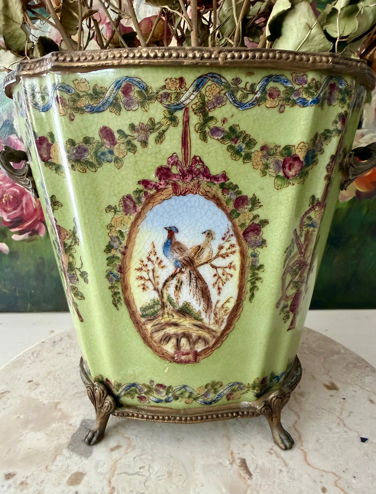 Antique Green Pheasant Bird and Floral Garland Porcelain Brass Footed Cache Pot or Jardiniere
