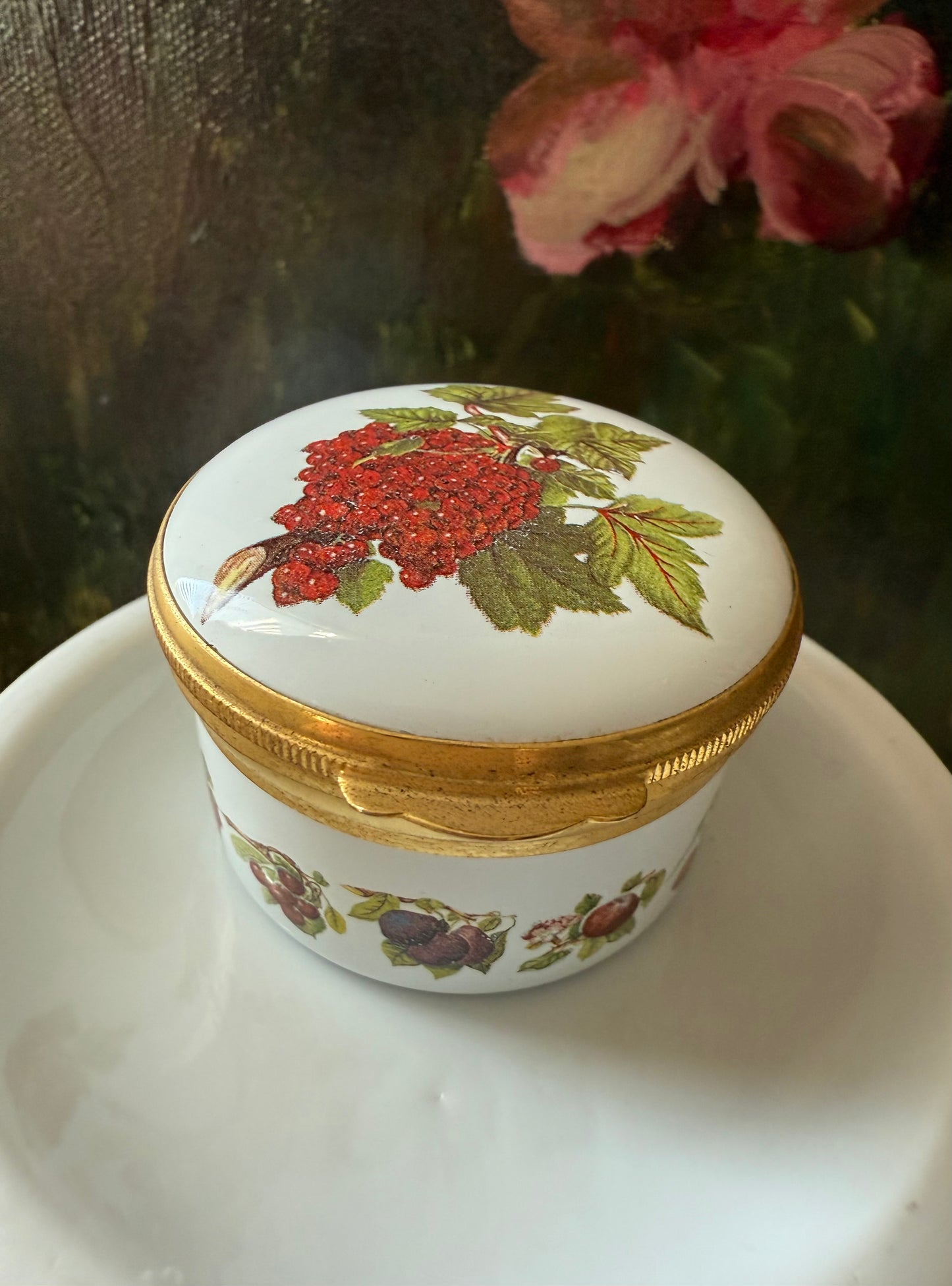 Vintage ‘The Red Currant’ Portmeirion Pomona Enamel Jewelry or Trinket Box, Made in England