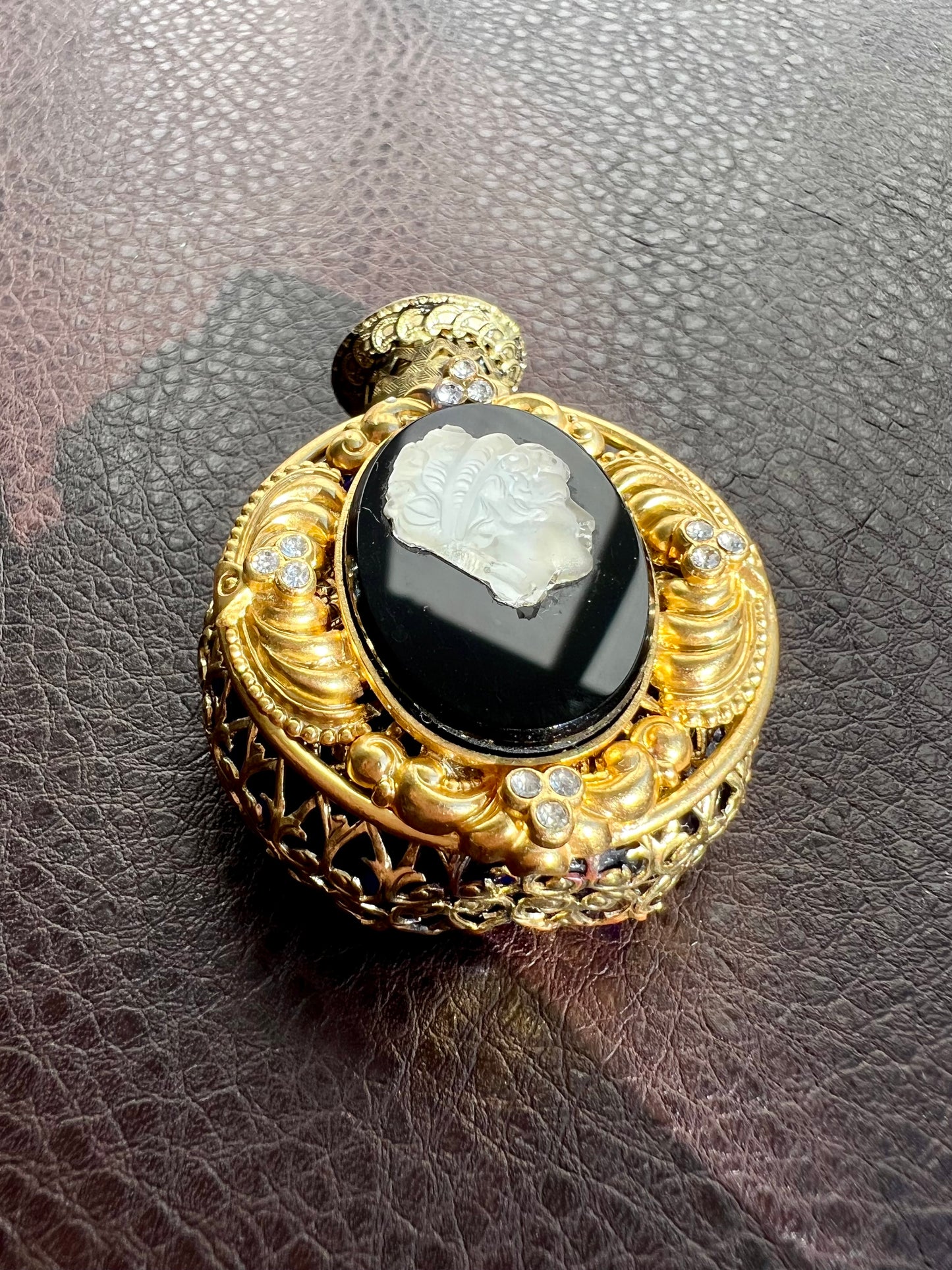 Czech Vintage Small Blue Glass Perfume Bottle with Brass Filigree Overlay Rhinestones and Black Onyx