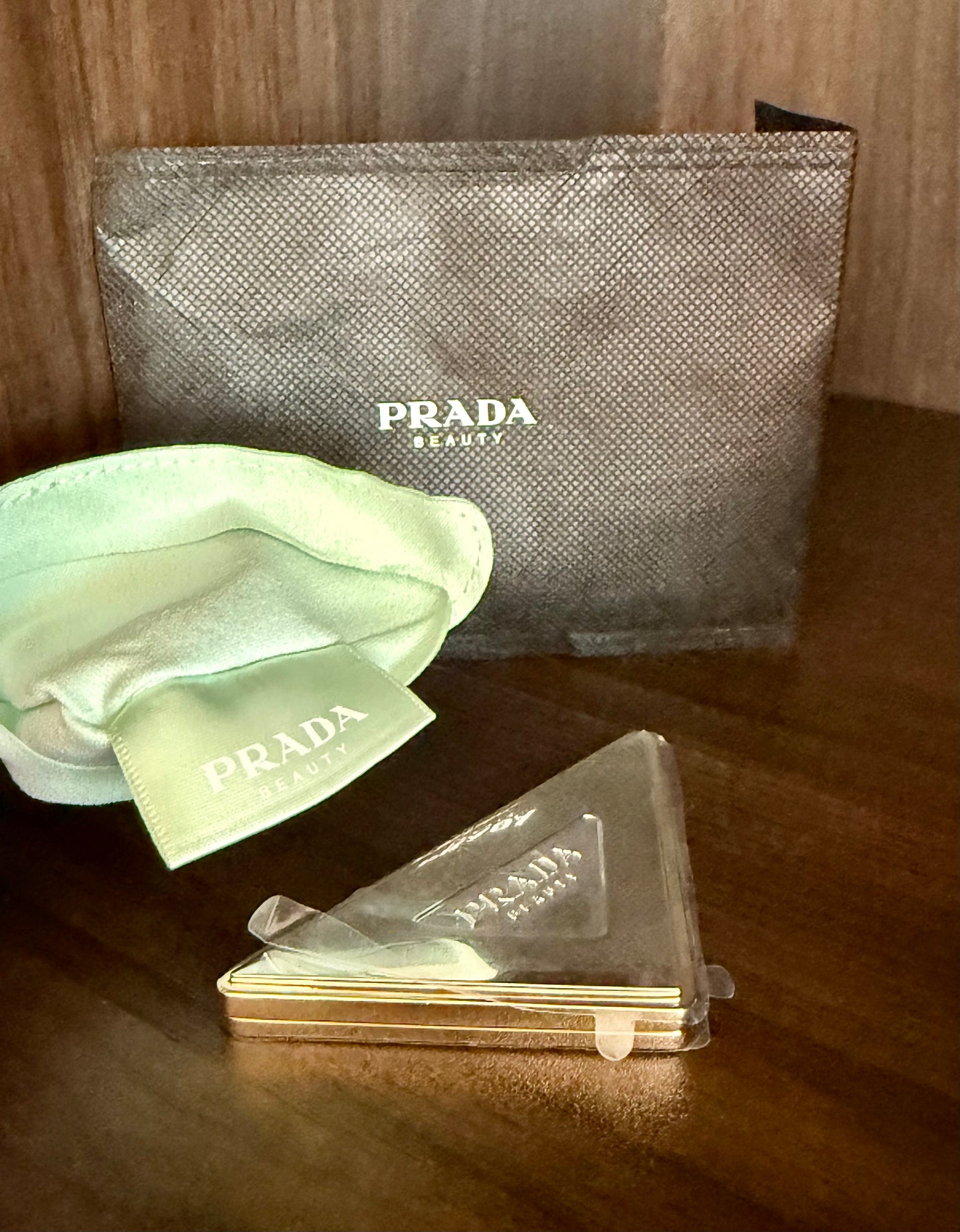 PRADA Beauty Metallic Triangle-shaped Makeup Double Mini Mirror Compact With Pouch Dust Bag - Made in Italy