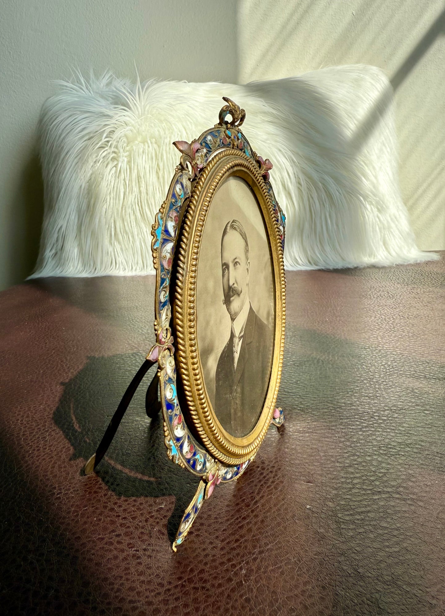 Antique French Style Colorful Enamel Bronze Photo Frame with Black and White Picture of a Gentleman from 19th Century
