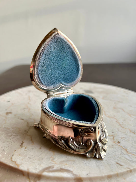 Antique Art Nouveau Silver Plated Heart Shaped Vintage Jewelry Ring Holder, Trinket Box, Blue Velvet Lined Interior