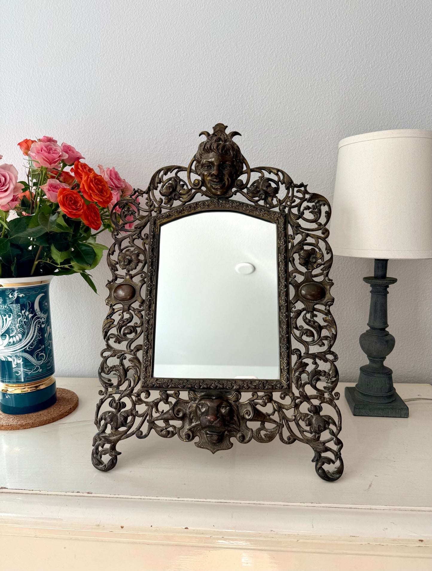 Antique Gilded Cast Iron Cherub and Lion Heads, Victorian French Style Ornate Vanity Table Mirror from Late 19th Century