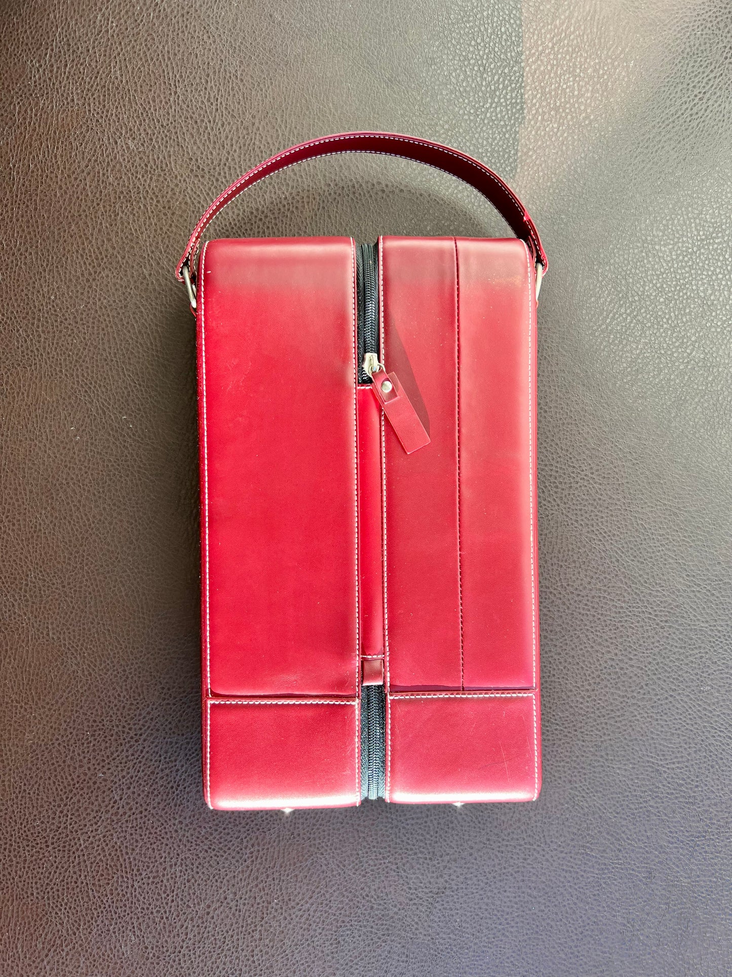 Leather Vintage Double Bottle Carrier Bag in Red Color with Zipper Case