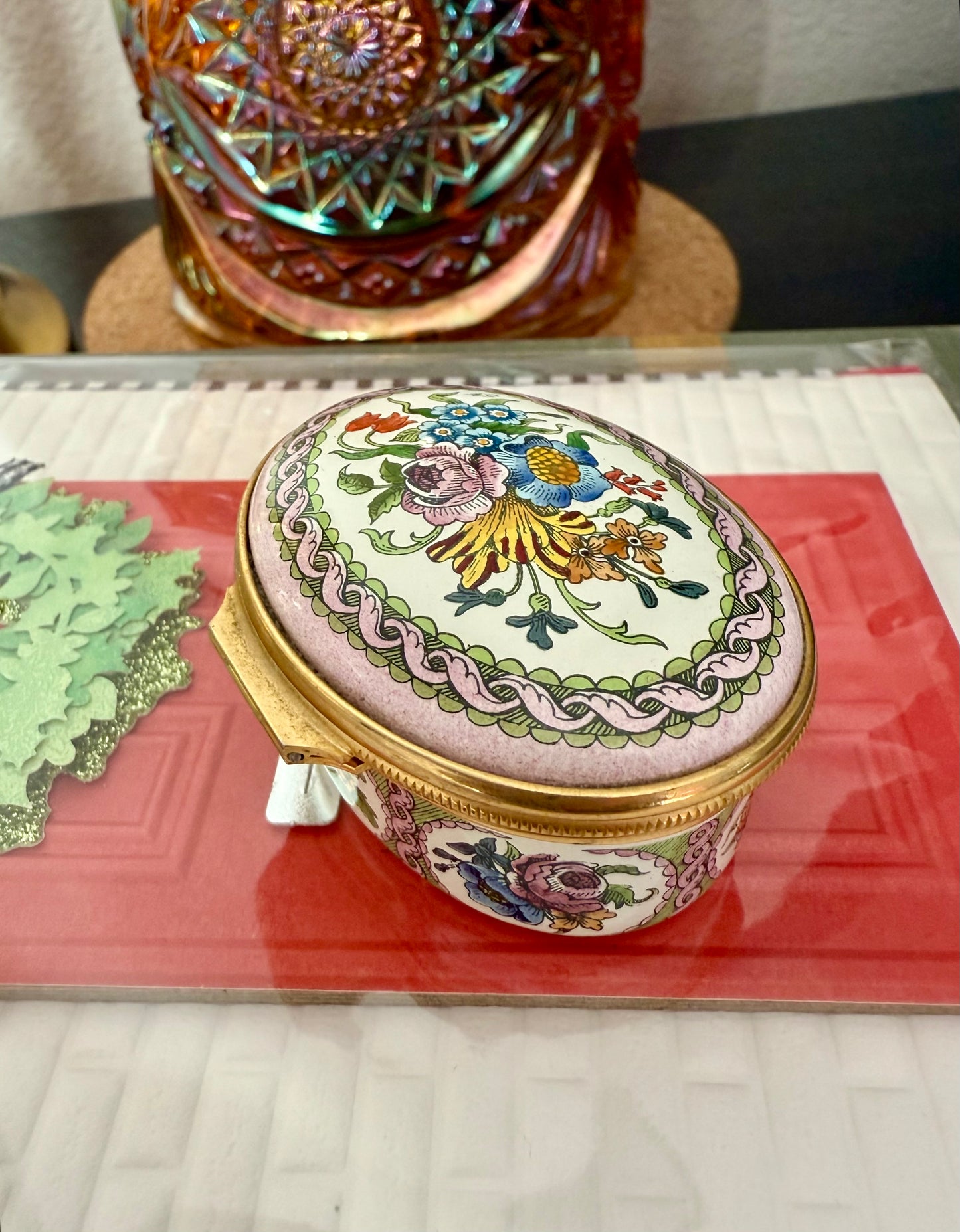 Halcyon Days Vintage Hand-Painted Enamel Floral Jewelry or Trinket Box, Made in England