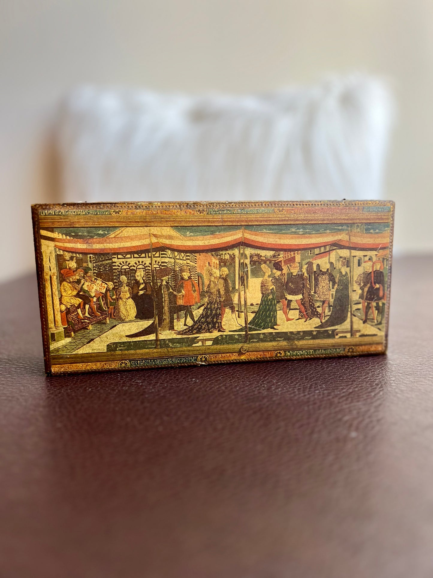 Italian Florentine Gold Gilt Large Jewelry/ Trinket Wooden Box, Wedding Scene on Top of the Lid