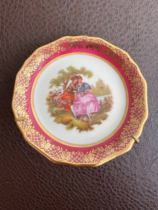 Limoges Vintage Miniature Porcelain Pink Rimmed Plate with Victorian Courting Couple (I have already sold the small plate)