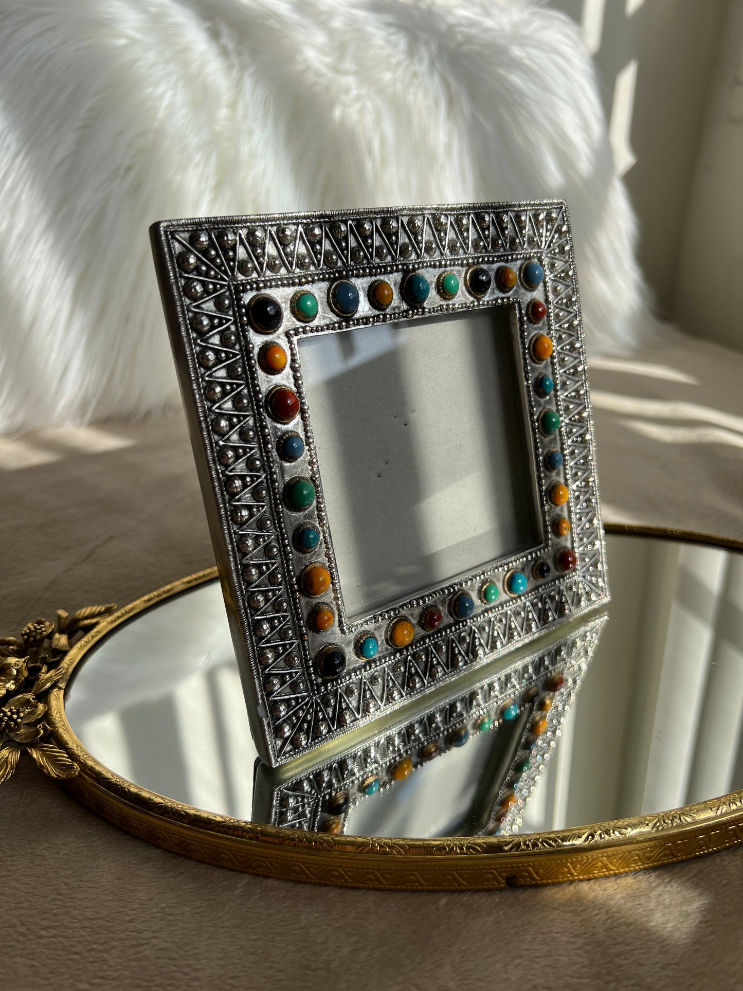 Unique Art Deco/ Pop Up Style Vinatage Silver Photo Frame with Colorful Stones Decorated