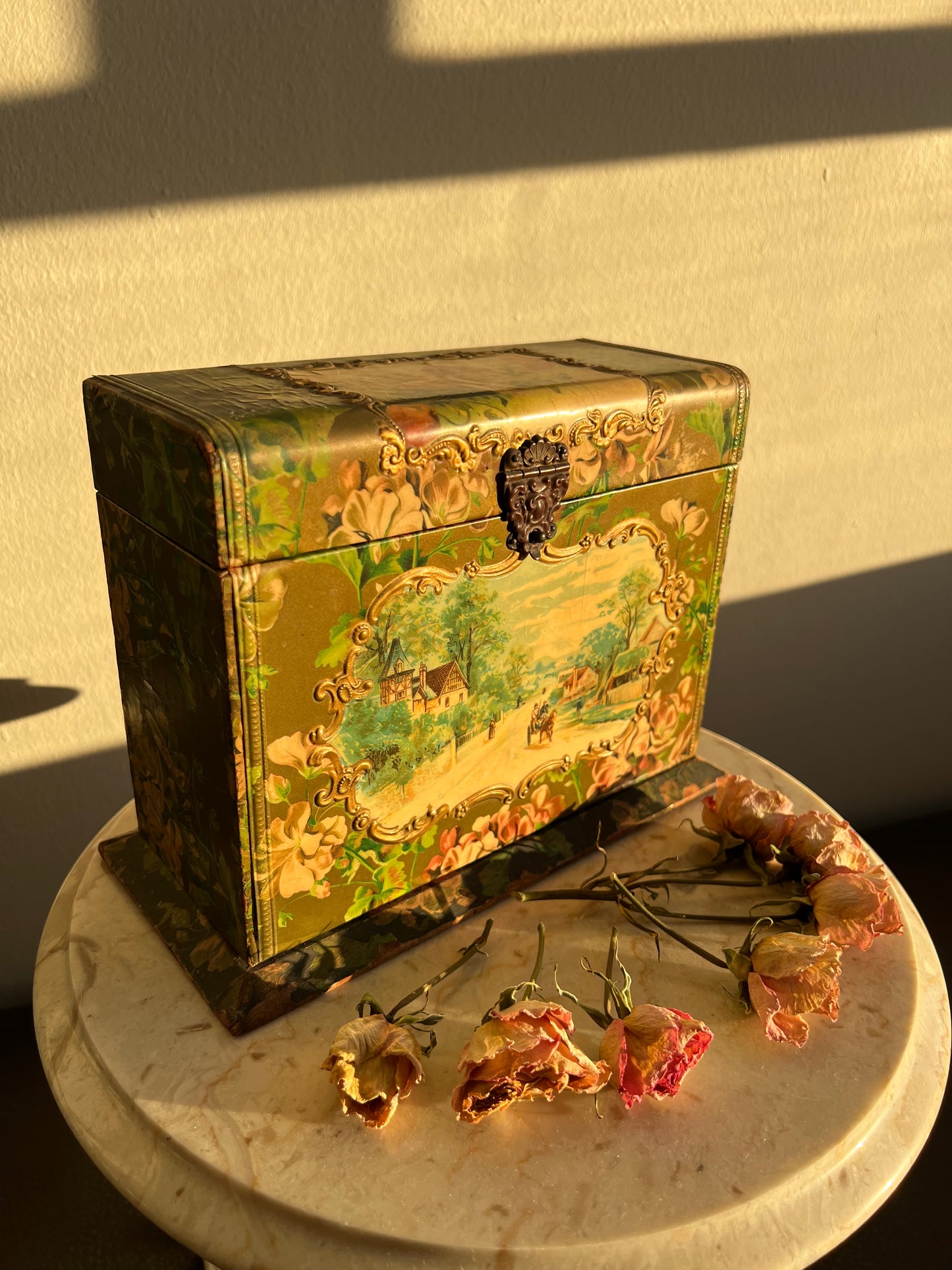 Antique Wooden Decorative Wallpaper Covered Recipe or Trinket Box with Floral Motif and Gilded Painting Design