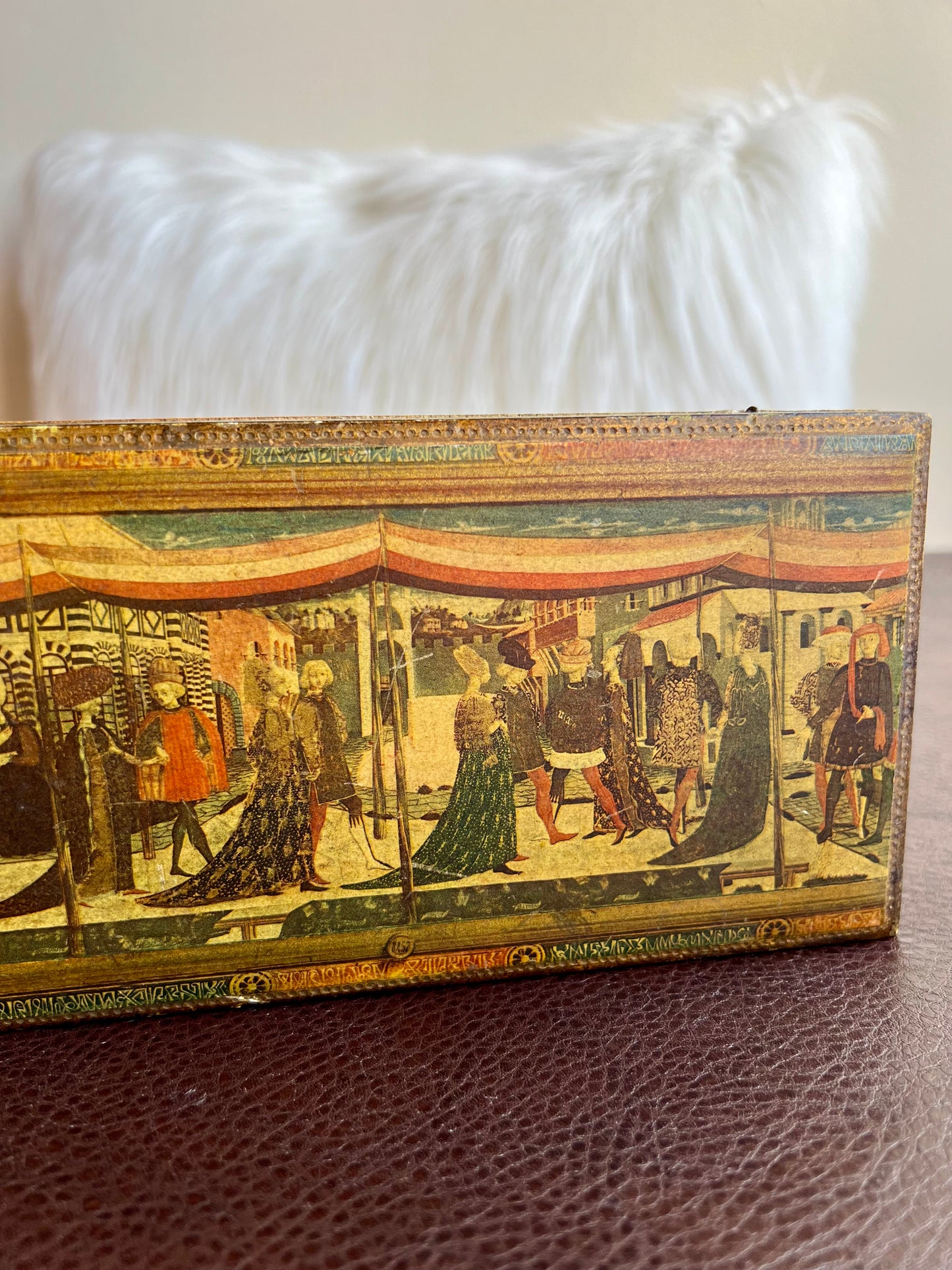 Italian Florentine Gold Gilt Large Jewelry/ Trinket Wooden Box, Wedding Scene on Top of the Lid