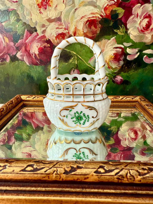 Herend Hungarian Vintage Mini Porcelain Basket with Handle - Made in Hungary