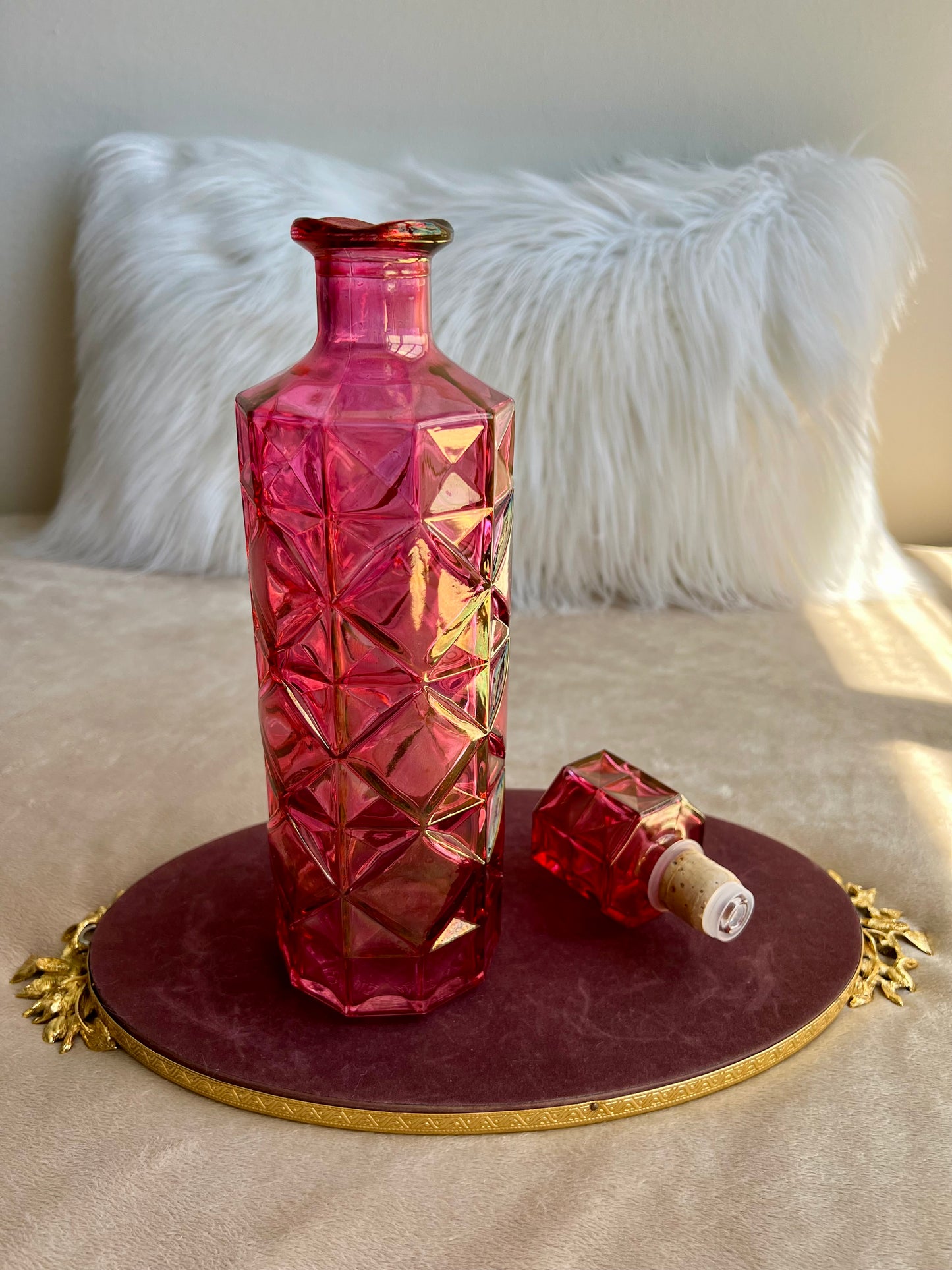 Vintage Pink Diamond Pressed Glass Liquor Bottle Decanter With Stopper