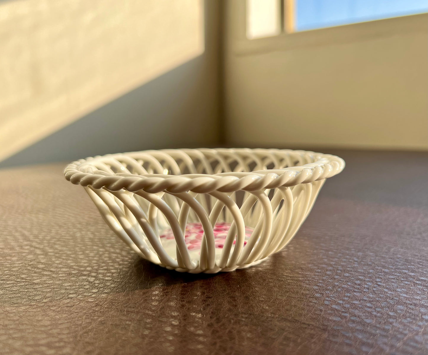 Herend Hungarian Porcelain Small Openwork Basket with Pink Hand-Painted Flowers