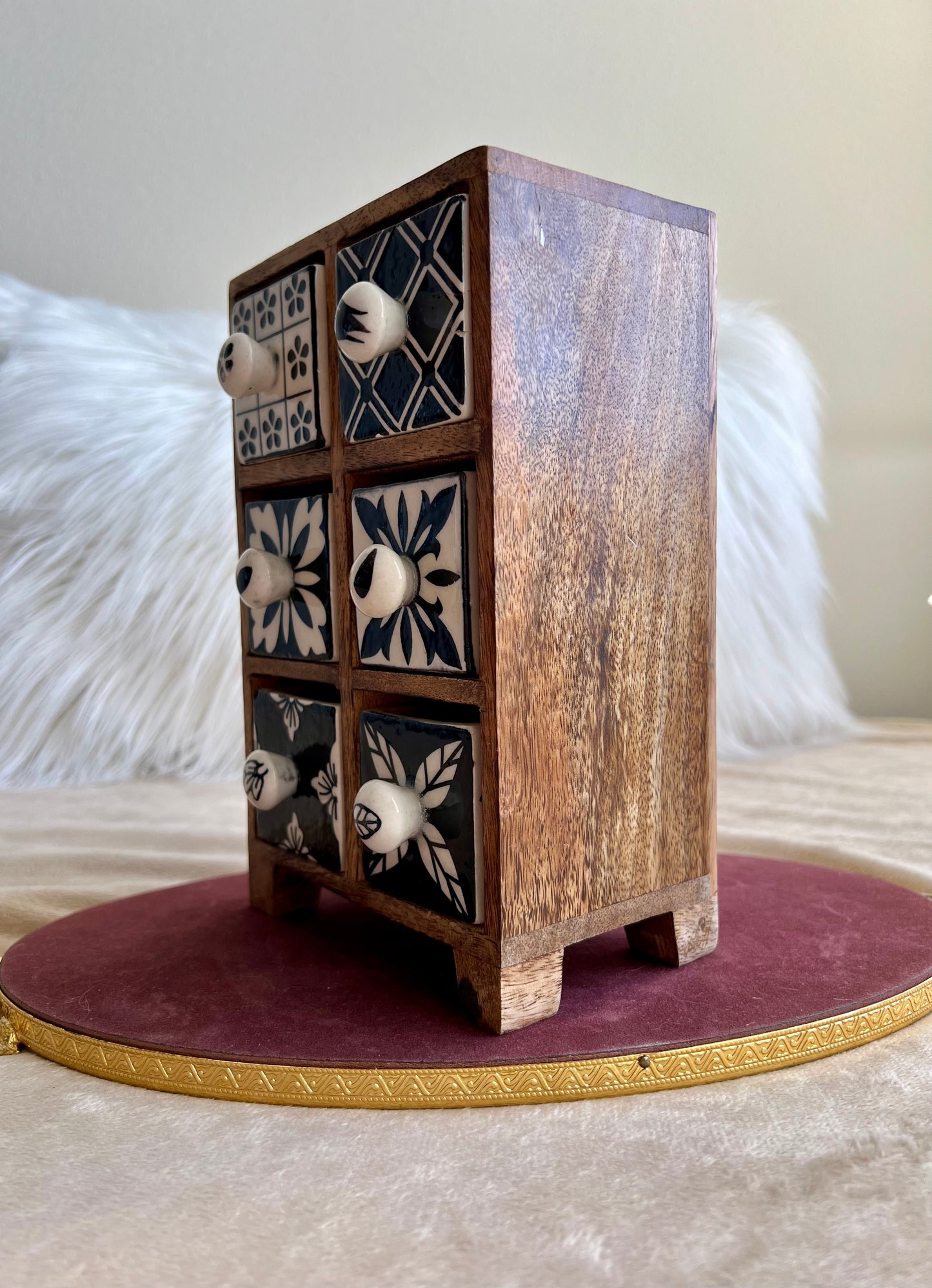 Hand Painted Wooden Chest with Ceramic Drawers and Jewelry Storage